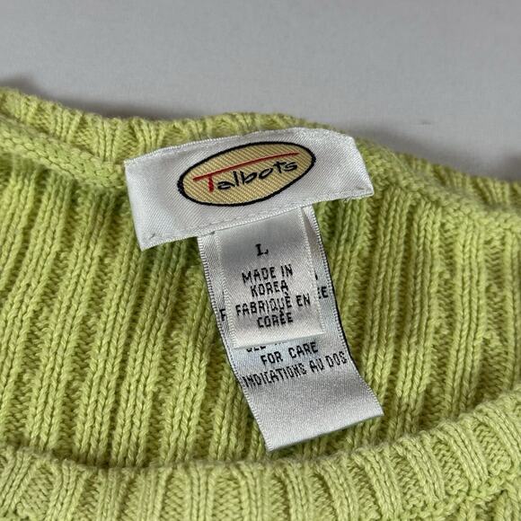 Vintage Talbots Size L Cotton Lime Green Cable Knit Logo Oversized Sweater - Picture 8 of 10